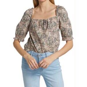 PAIGE Elise Top Ecru Floral Multicolor Puff Sleeve Square Neck Blouse, size L